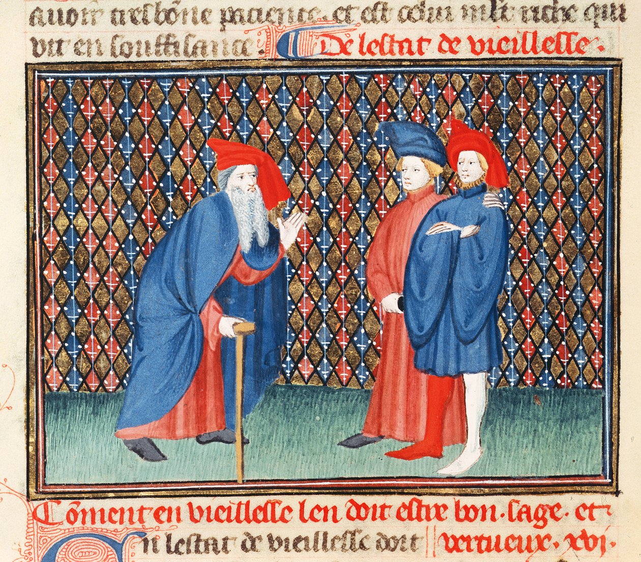Comment les personnes âgées doivent être bonnes, sages et vertueuses, du Livre des Bonnes Mœurs, par Jacques le Grant - French School