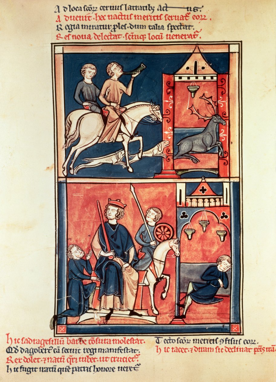 Une chasse au cerf et un roi, peut-être Dagobert I (632-39) sur son trône, de la Vie et des Miracles de Saint Denis - French School