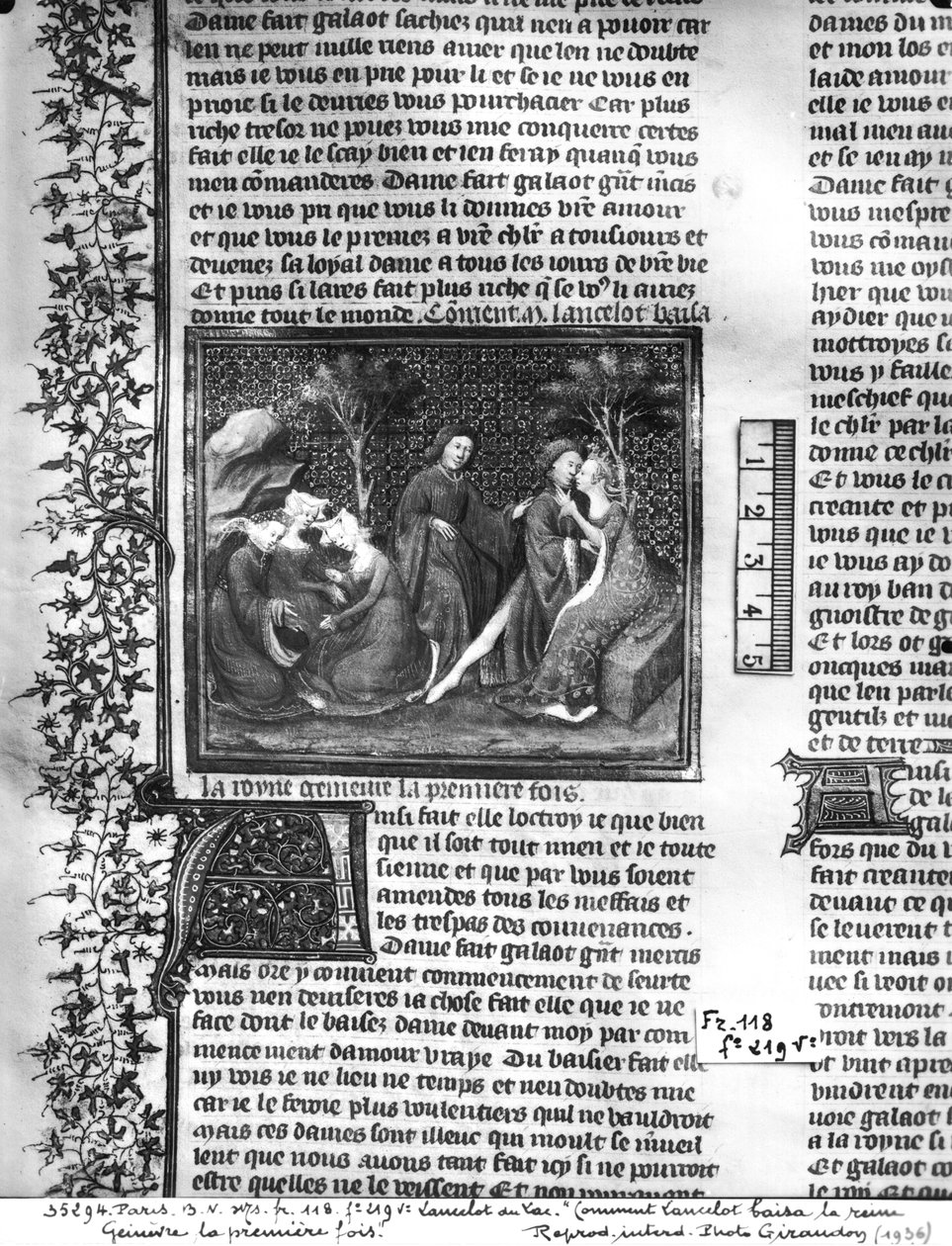 Ms Fr 118 fol.219v Comment Lancelot a embrassé Guenièvre pour la première fois, du Livre de Messire Lancelot du Lac - French School