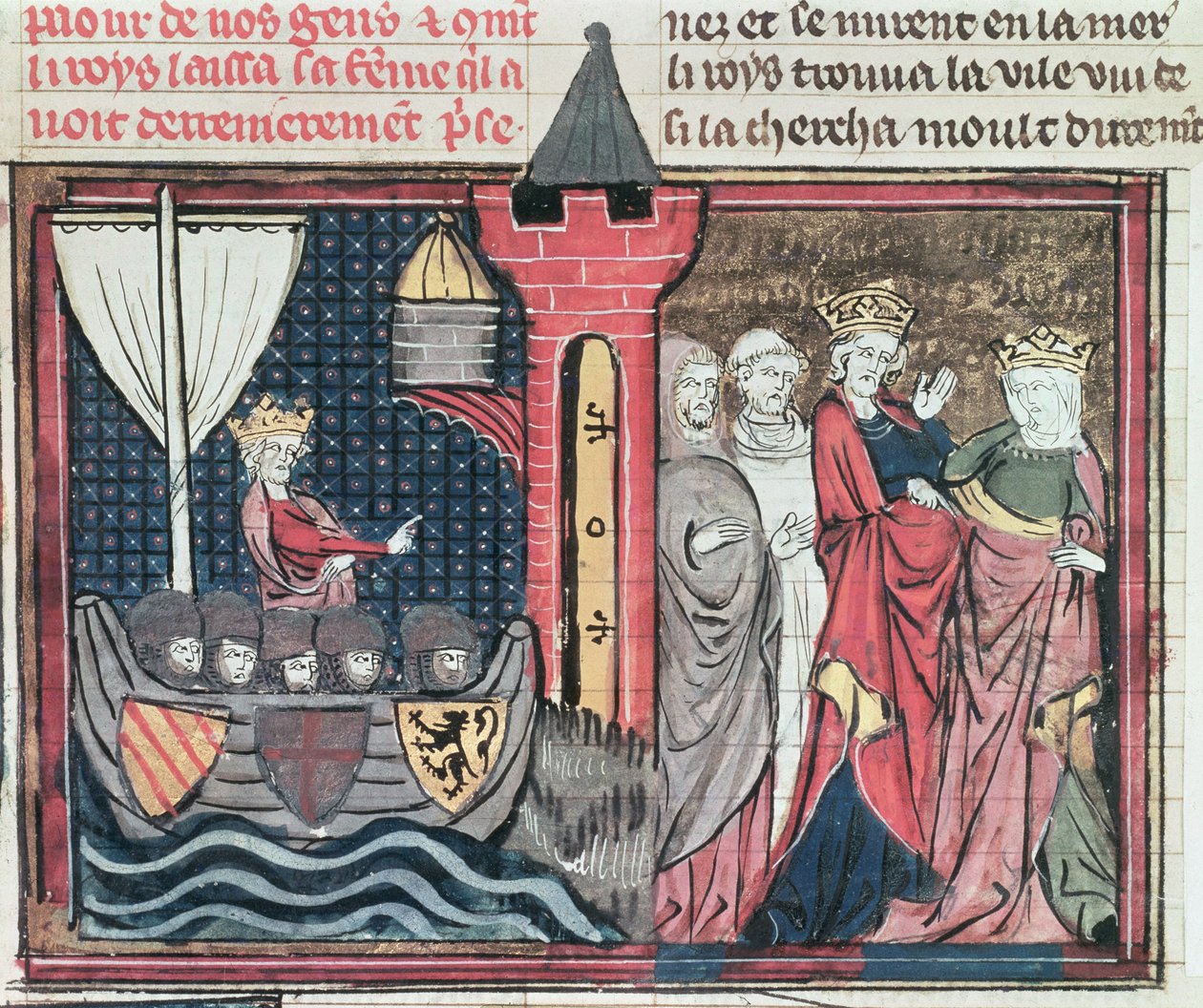 Baldwin I traversant le Jourdain et renonçant à sa femme, du Roman de Godefroi de Bouillon, 1337 - French School