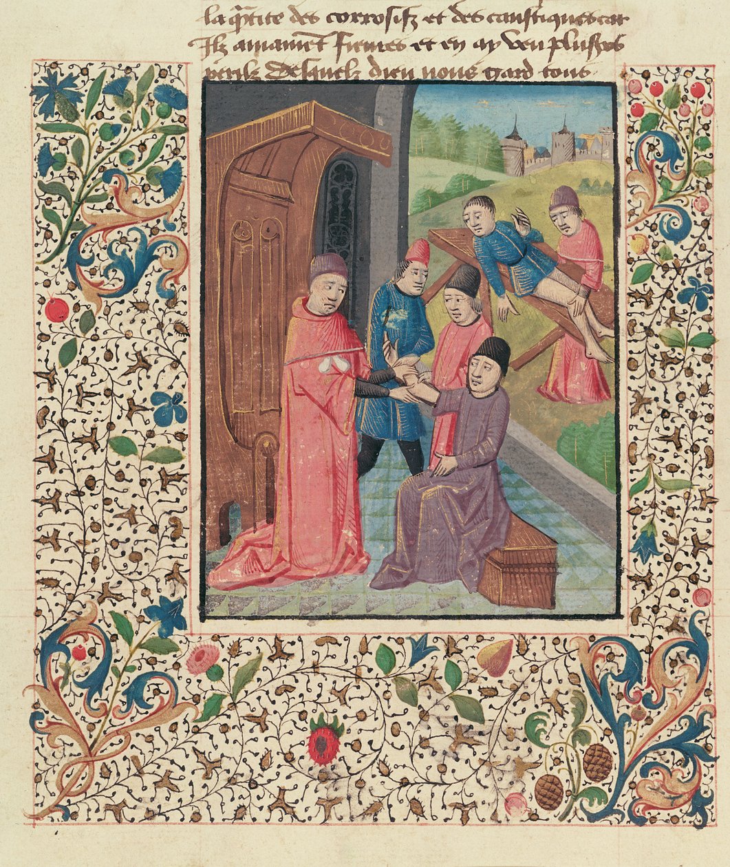 Ms Fr 396 fol.80v Un médecin traitant des fractures, de La Grande Chirurgie par Guy de Chauliac - French School