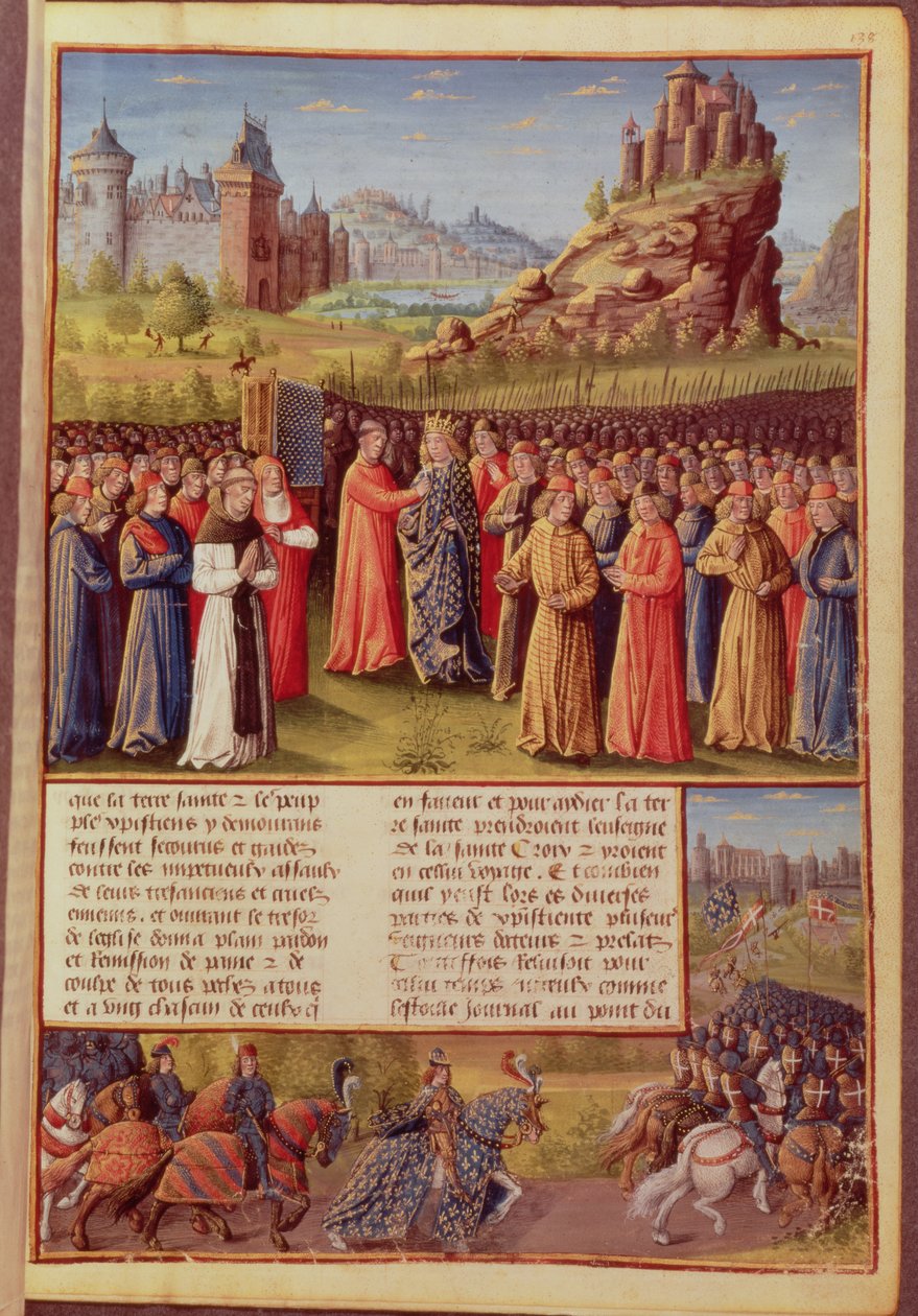 Ms Fr 5594 f.138 Saint Bernard (c.1090-1153) de Clairvaux prêchant la deuxième croisade en présence du roi Louis VII (c.1120-80) de France à Vézelay en 1146, extrait de Passages faits Outremer - French School
