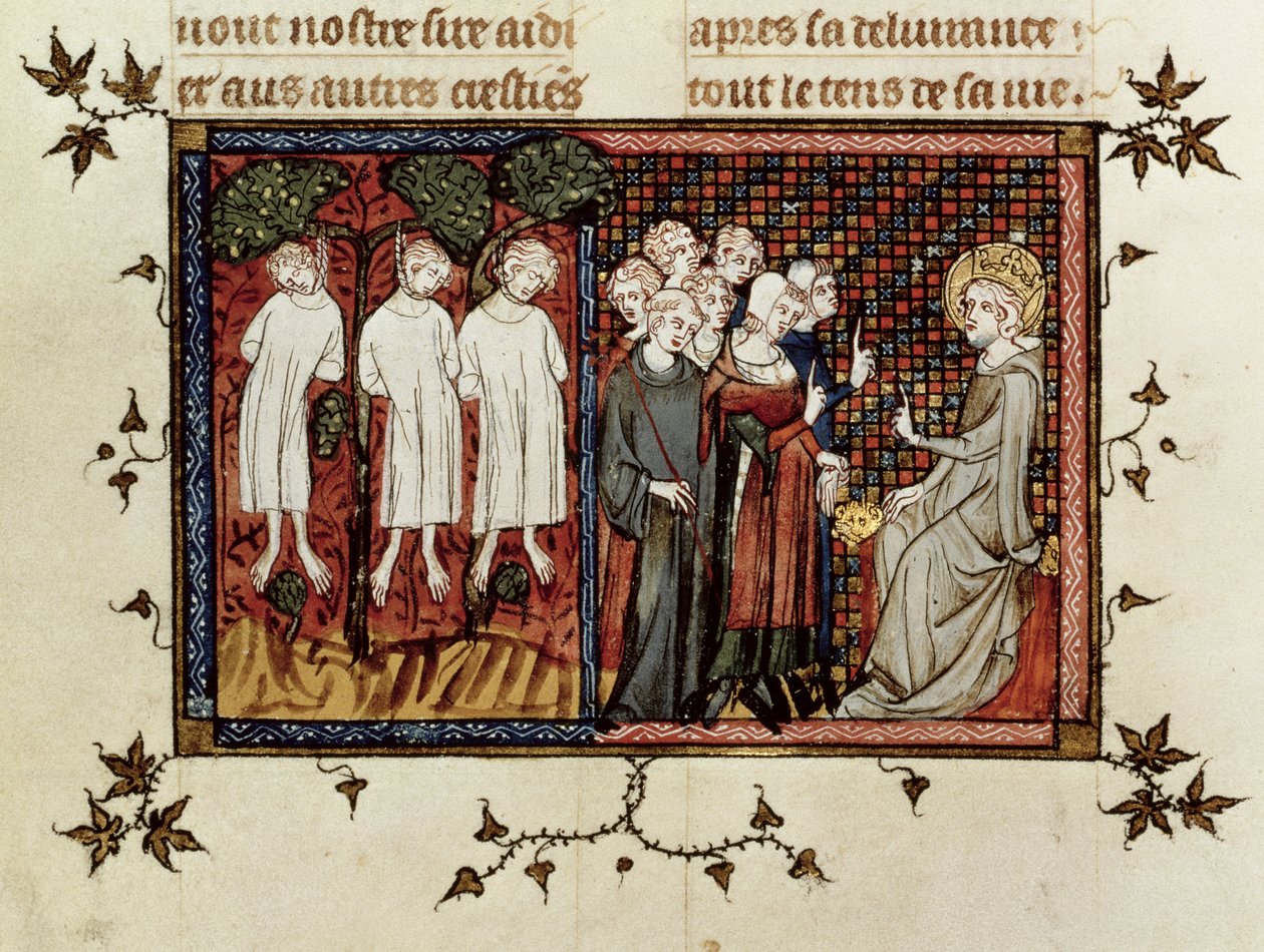 Saint Louis prononçant le jugement et condamnant Enguerrand de Coucy (1228-1311) pour avoir pendu trois jeunes nobles, de la Vie et Miracles de Saint Louis, c.1330-40 - French School