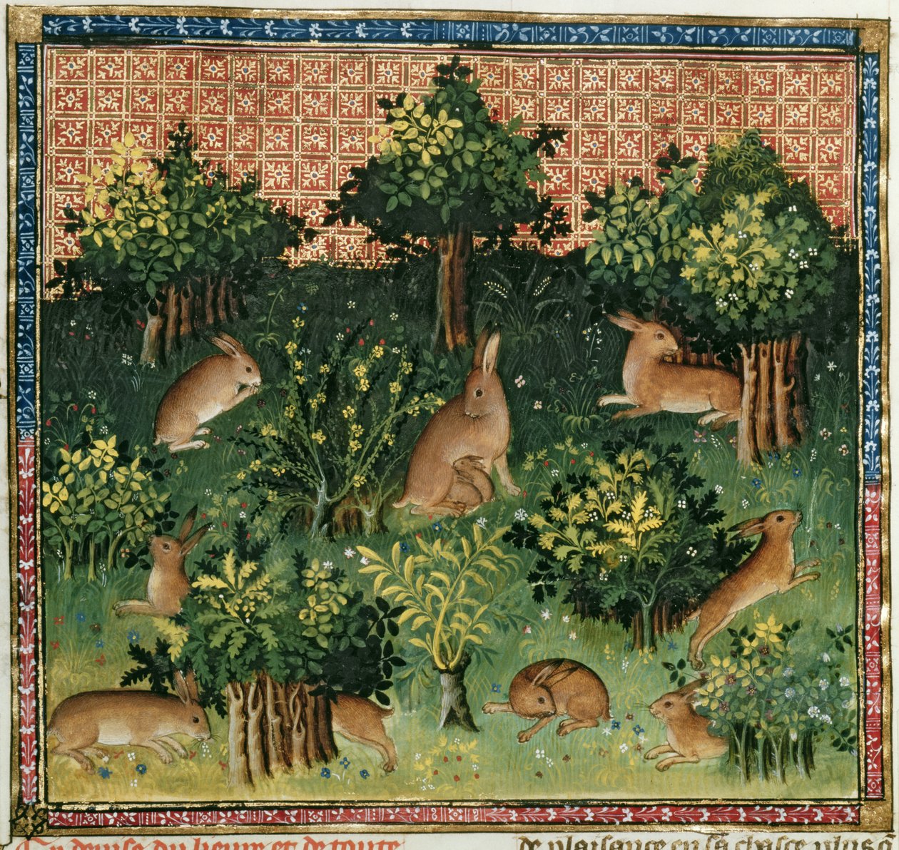 Ms Fr 616 fol.24v Lièvres dans un bois, du Livre de la Chasse par Gaston Phébus de Foix - French School