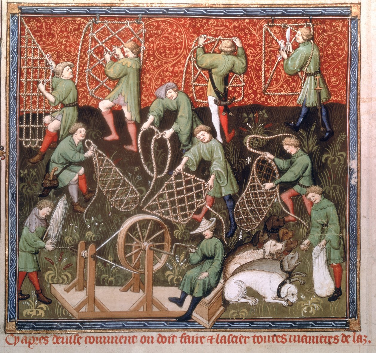 Ms Fr 616 fol.53v Hommes avec des filets, du Livre de la Chasse par Gaston Phébus de Foix (1331-91) début du 15ème siècle - French School