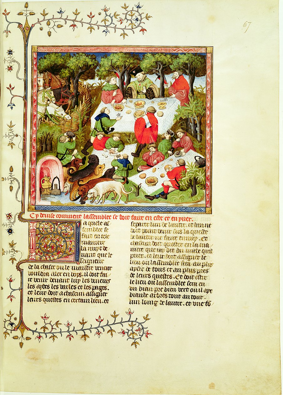 Chasseurs festoyant avant la chasse au cerf, du Livre de la Chasse par Gaston Phébus de Foix (1331-1391) - French School