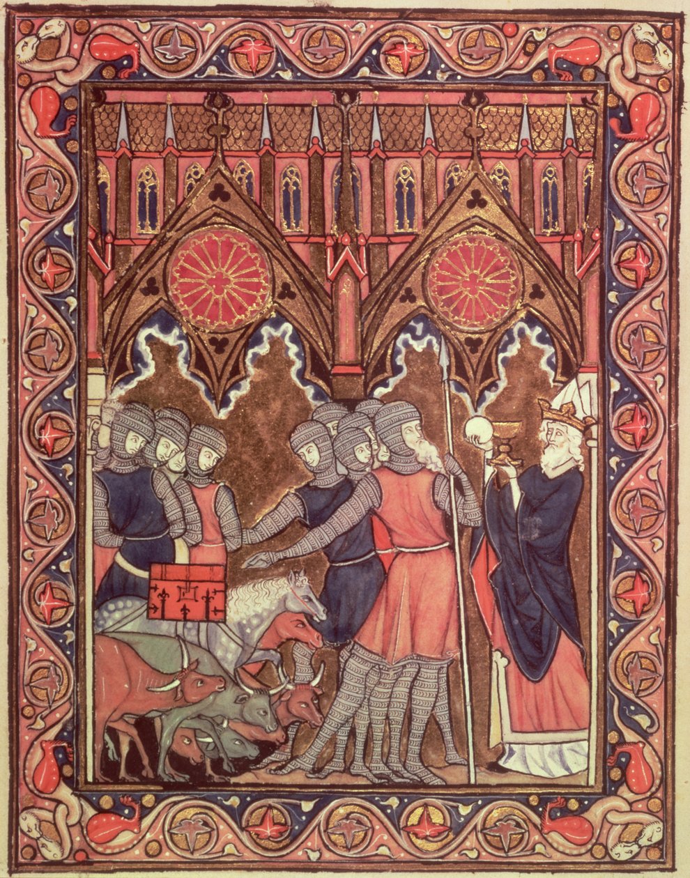 Abraham présente ses prisonniers et son butin à Melchisédech, du Psautier de Saint Louis, vers 1258-70 - French School