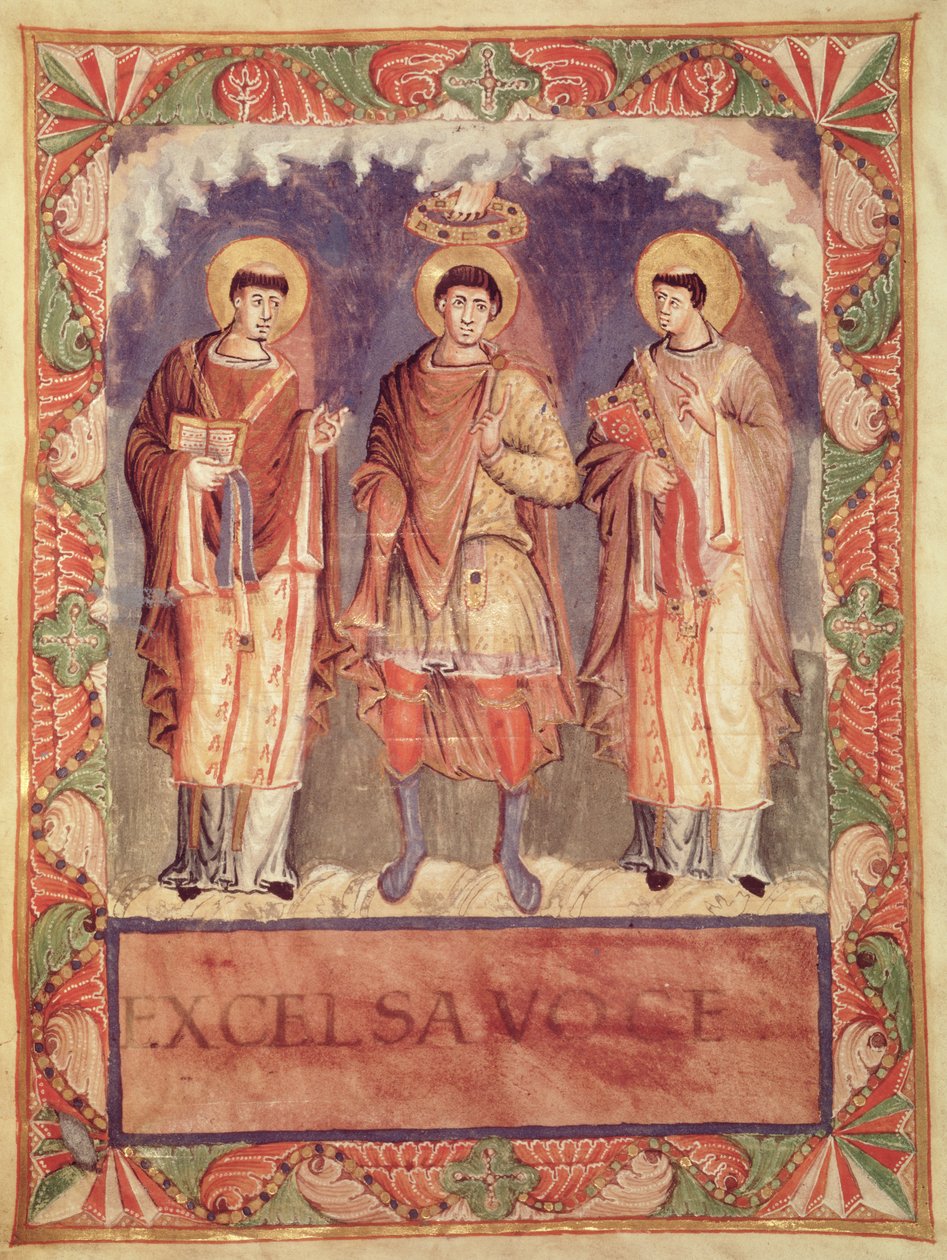 Ms Lat 1141 fol.2v Le couronnement de Charles II (823-877) avec les archevêques de Reims et de Trèves, du Sacramentaire de Metz - French School