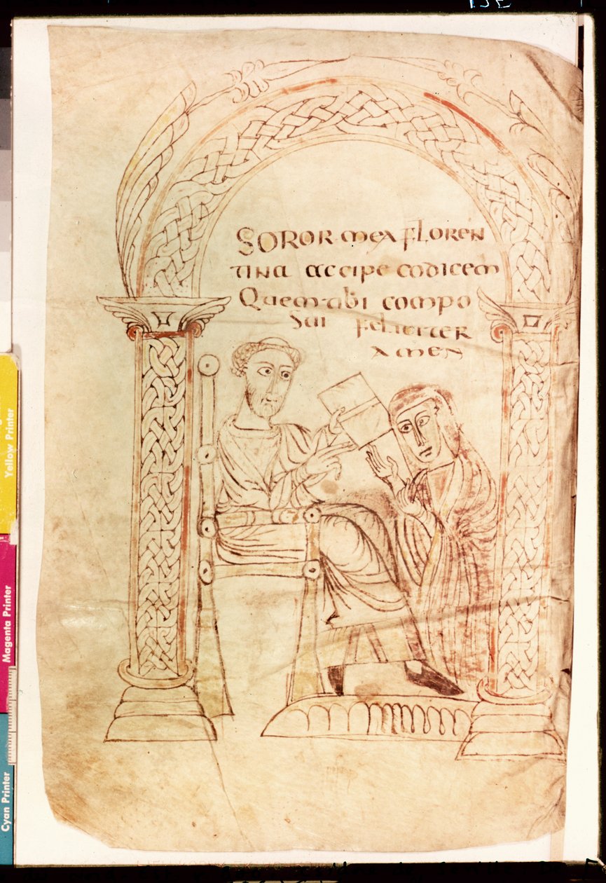 Isidore offre son travail à sa sœur Florentina, de De fide catholica ex Veteri et Novo Testamento contra Judaeos par Isidore de Séville, c.800 - French School
