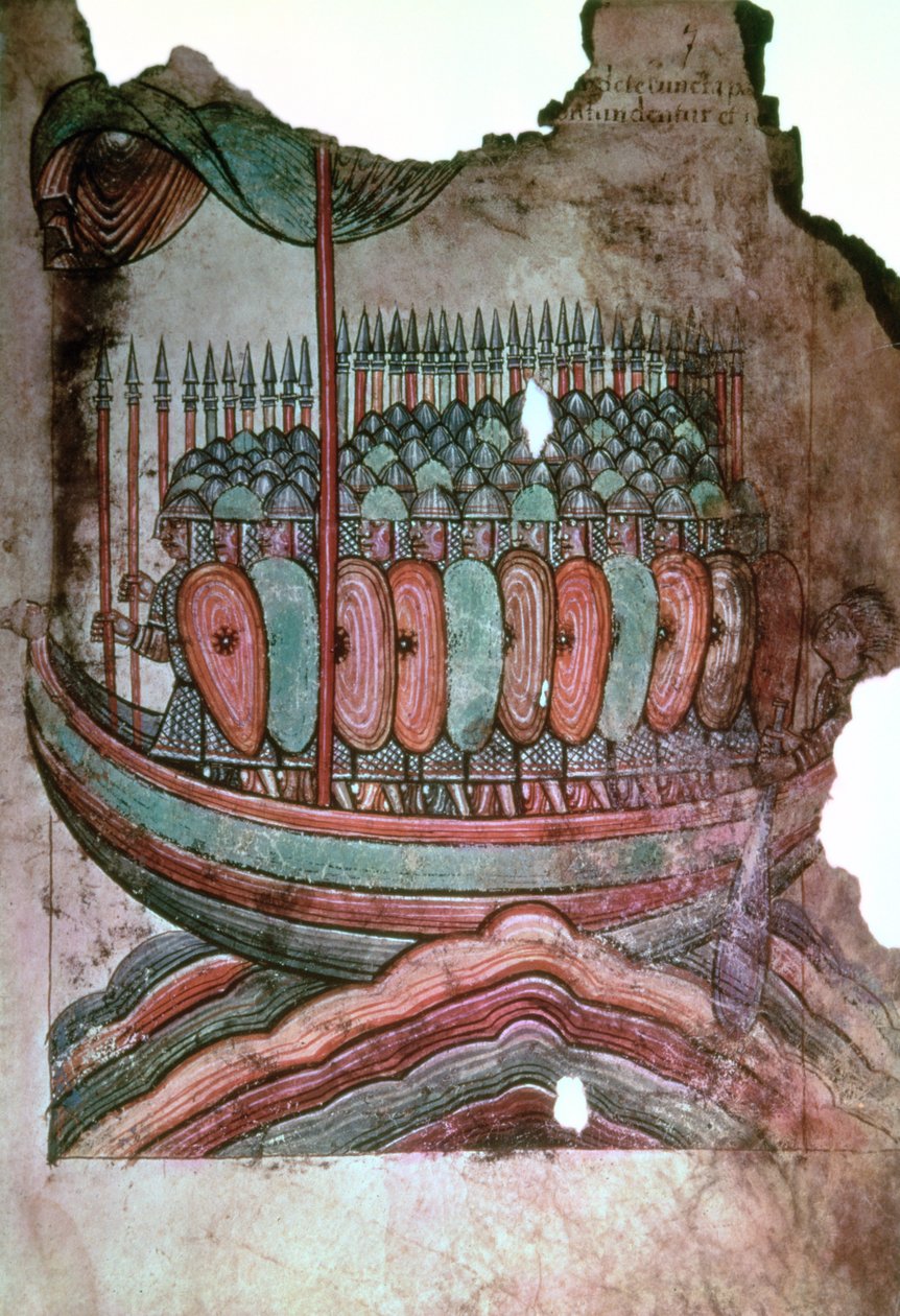 Ms Lat 1390 fol.7 Soldats normands traversant la Manche, de La Vie de Saint Aubin d