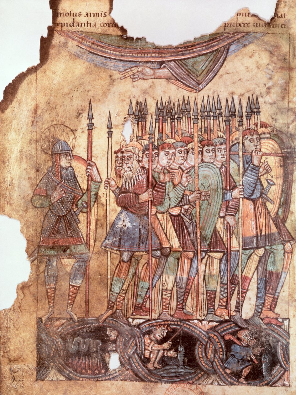 Ms Lat 1390 fol.7v Soldats à pied dans les croisades, de La Vie de Saint Aubin d