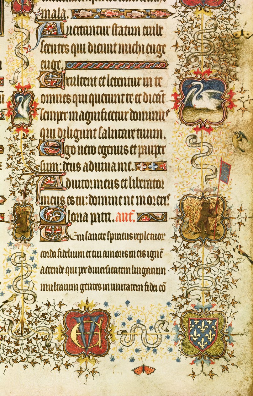Ms Lat 919 fol.96 Détail des armoiries et décoration animale, de Saint Pierre conduisant Jean de France (1340-1416) Duc de Berry au Paradis, des Grandes Heures du Duc de Berry - French School