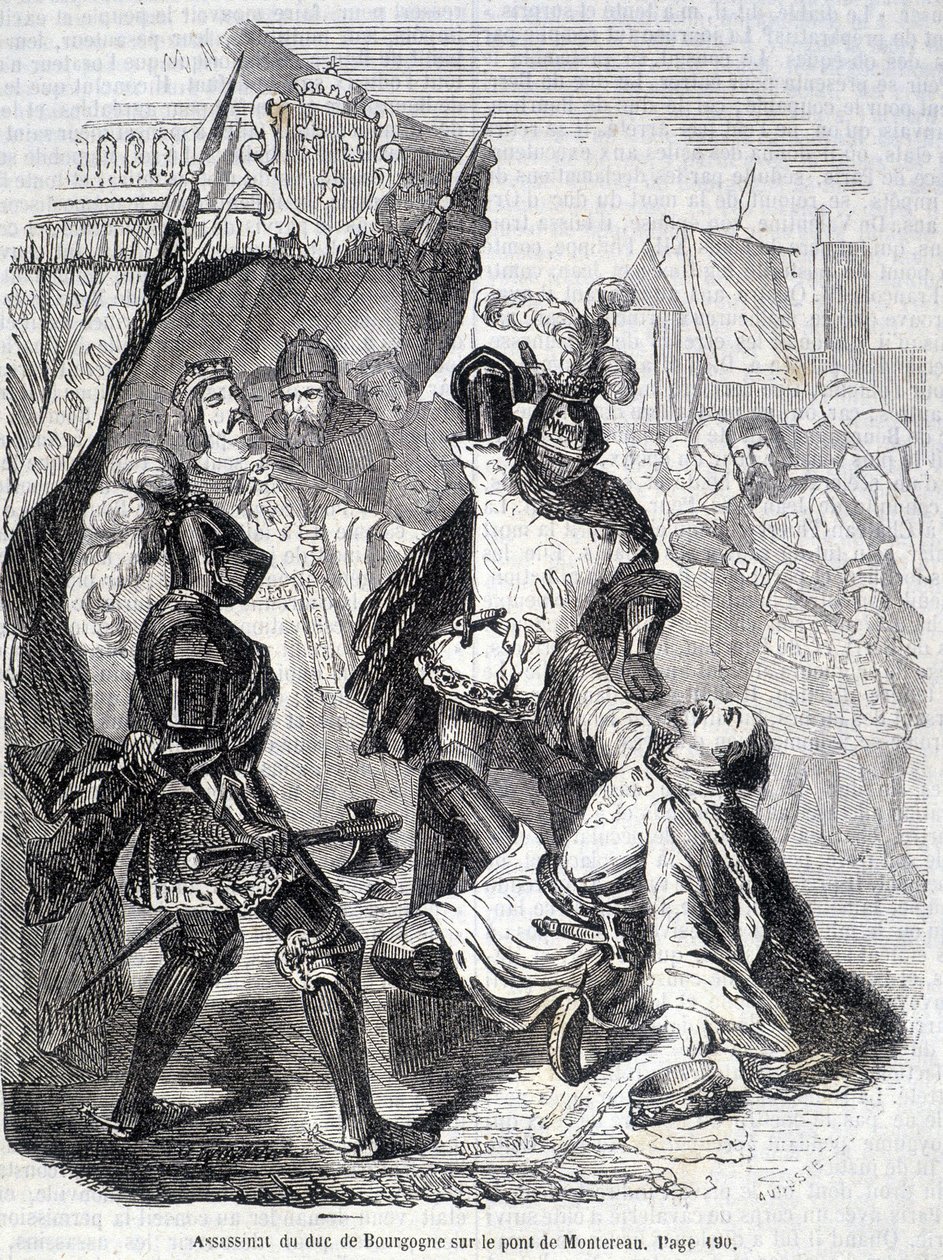 Assassinat du duc de Bourgogne (Jean sans Peur) sur le pont de Montereau en 1419 - dans « Histoire de France » par L.-P. Anquetil - French School