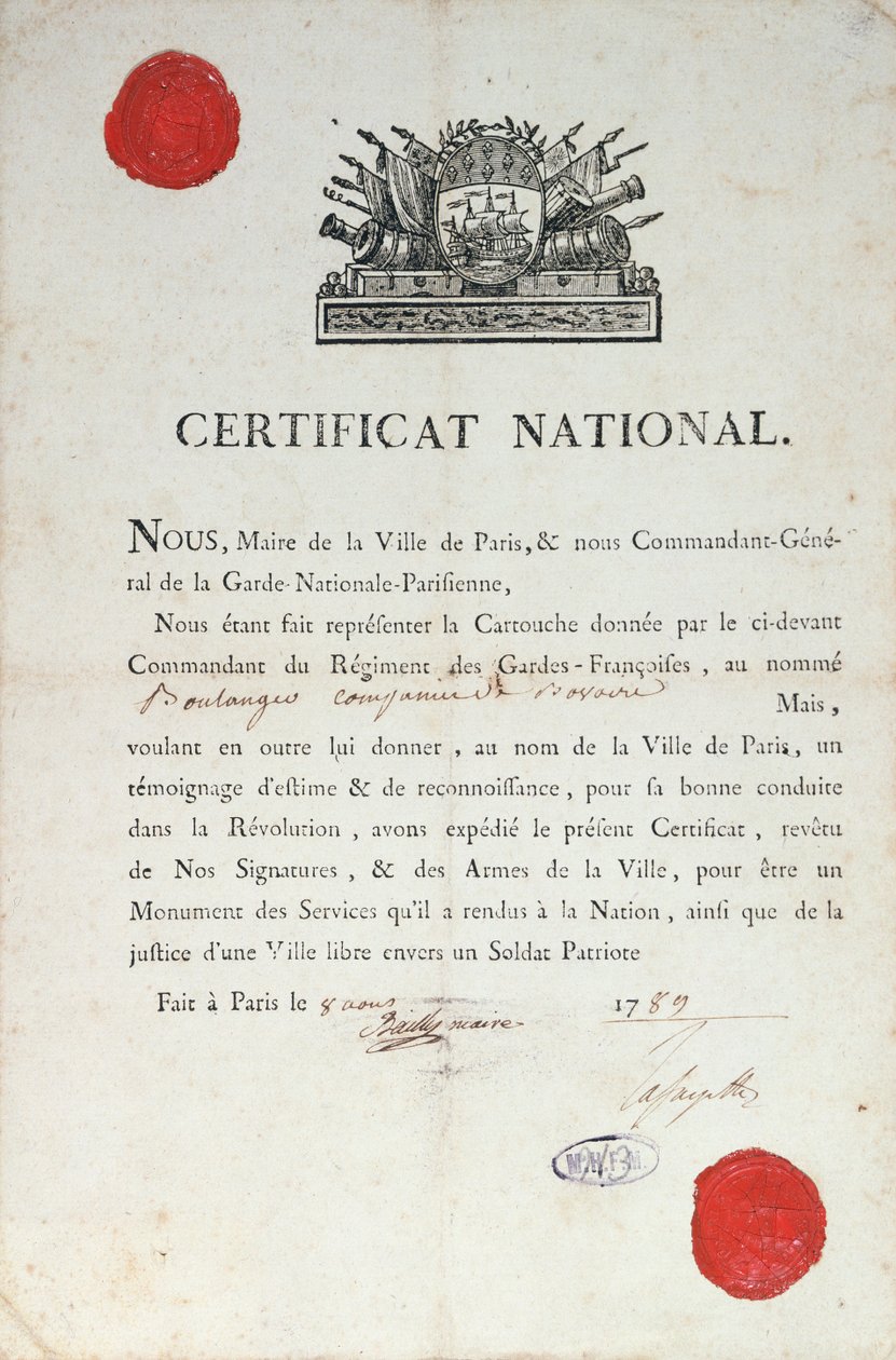 Certificat national de bonne conduite pendant la Révolution française, 8 août 1789 à Paris - French School