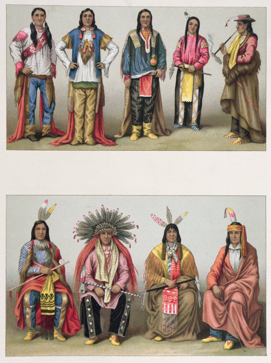 Amérindiens du bassin du Mississippi et du Colorado, illustration de Le Costume Historique par A. Racinet, publié à Paris en 1888 - French School