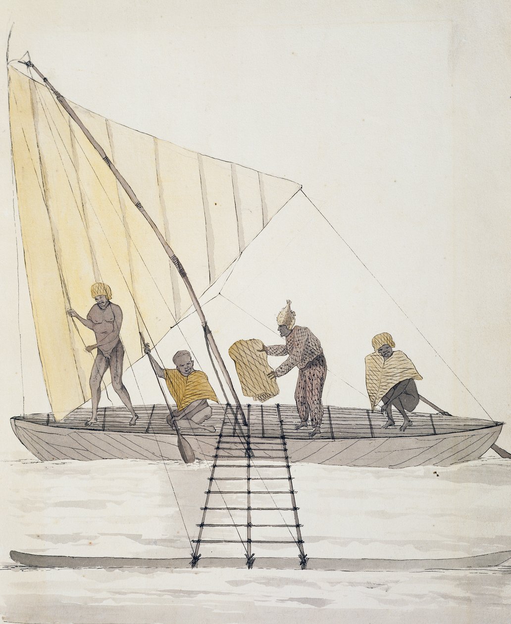 Autochtones des Îles Basses et canoë à voile équilibrée, aquarelle de Jules-Louis Lejeune, du Voyage de Duperrey - French School