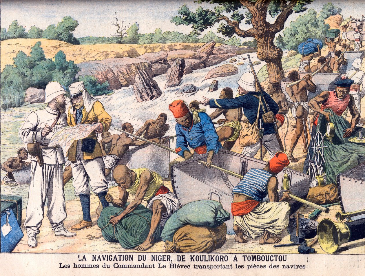 Navigation sur le fleuve Niger entre Koulikoro et Tombouctou. Une expédition commandée par le commandant Le Blevec transportant des bateaux en sections autour des rapides. La navigation du Niger, de Koulikoro à Tombouctou. Les hommes du commandant Le Bleve - French School