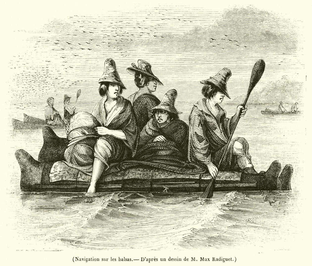 Navigation sur les balsas (engraving) - French School