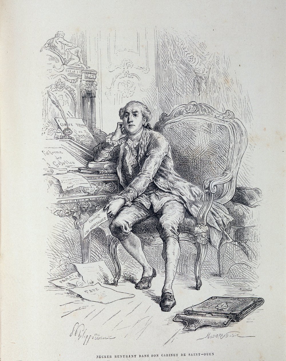 Necker dans son bureau à Saint-Ouen, entouré de notes « Réforme des Gabelles », « Taxes », « Abolition des Douanes » etc. - French School