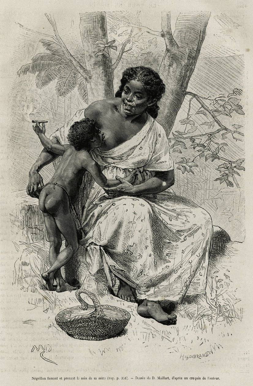 Négillon fumant et prenant le sein de sa mère, dans la région du Darién (est du Panama), gravure d
