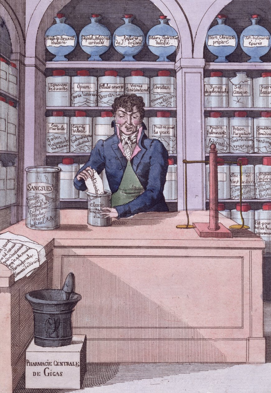 Dispensaire de journaux sous Napoléon, ou le Chimiste Académicien, caricature représentant la Presse écrasée par Napoléon - French School