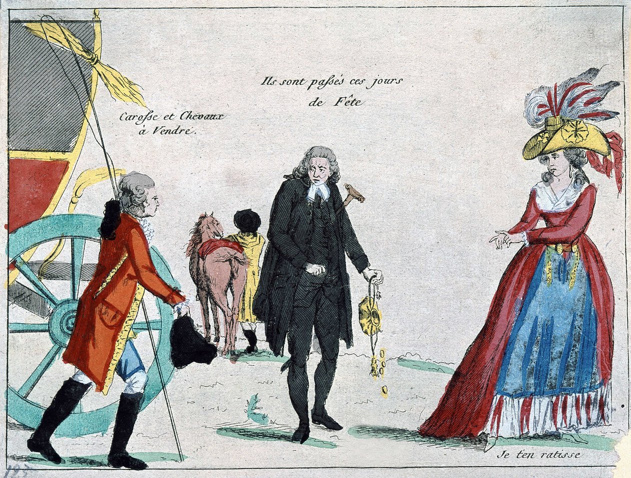 Noblesse, clergé et bourgeoisie sans argent, caricature de la révolution, fin du XVIIIe siècle - French School