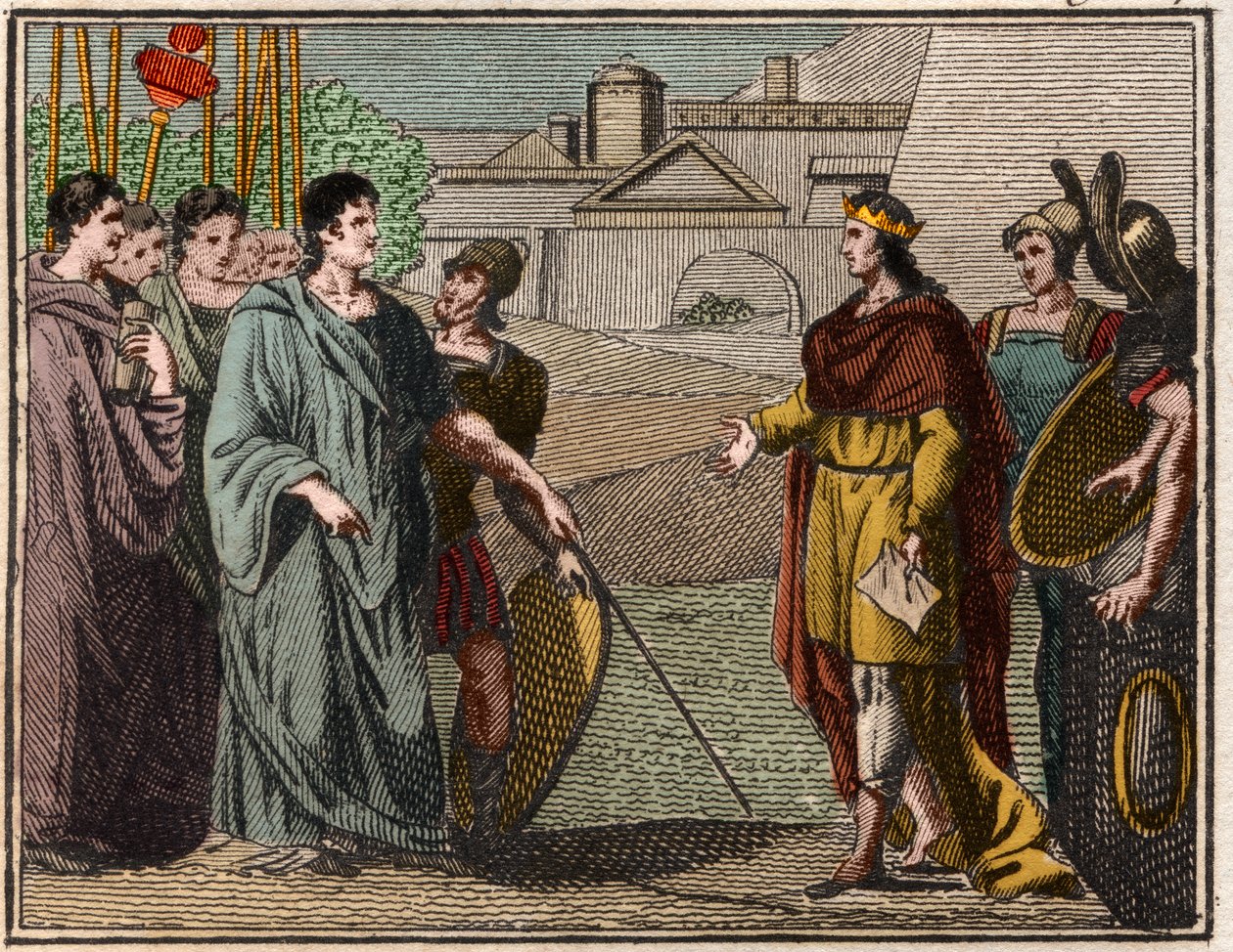 Numa Pompilius, légendaire deuxième roi de Rome, rend le bouclier sacré aux prêtres de Mars - French School