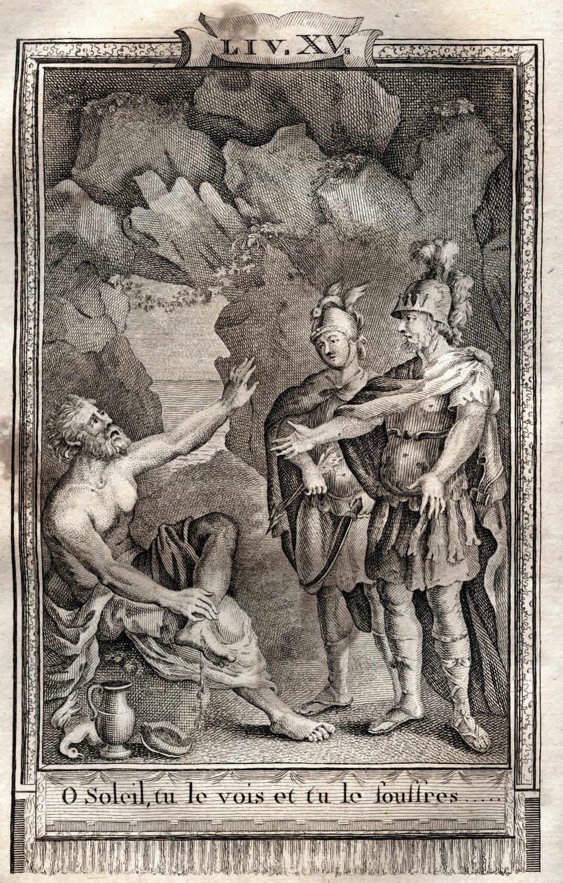 Ô Soleil tu le vois, et tu le souffres ! Ulysse me répondit sans bouger : Jupiter le veut... gravure de 1798 par Monnet dans "Les Aventures de Télémaque, fils d