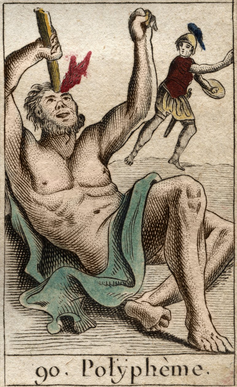 Ulysse aveuglant le cyclope Polyphème, de "Mythologie de la Jeunesse" par Pierre Blanchard - French School