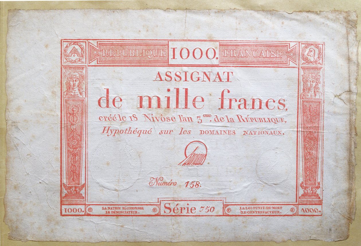 Billet de banque de mille francs, 1795 (encre sur papier) - French School