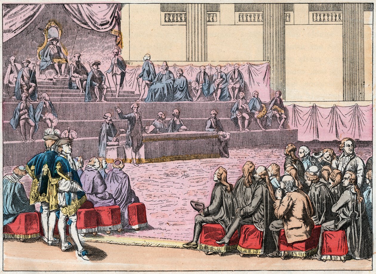 Ouverture des États généraux à Versailles le 5 mai 1789 réunissant les Trois Ordres (le Clergé, la Noblesse et le Tiers État) - Ouverture des États généraux, 5 mai 1789 - Gravure de la fin du XIXe siècle dans « Nos Gires Nationales » - French School