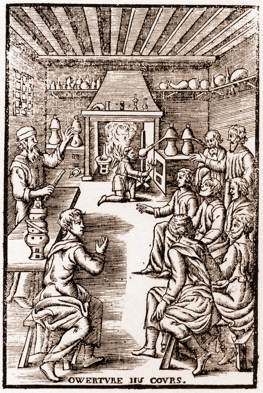 Ouverture du cours de chimie transmutatoire - gravure de 1653 dans "LE VRAY ET METHOD COURSES DE PHYSICS RESOLUTIVE" par Annibal Barlet - French School