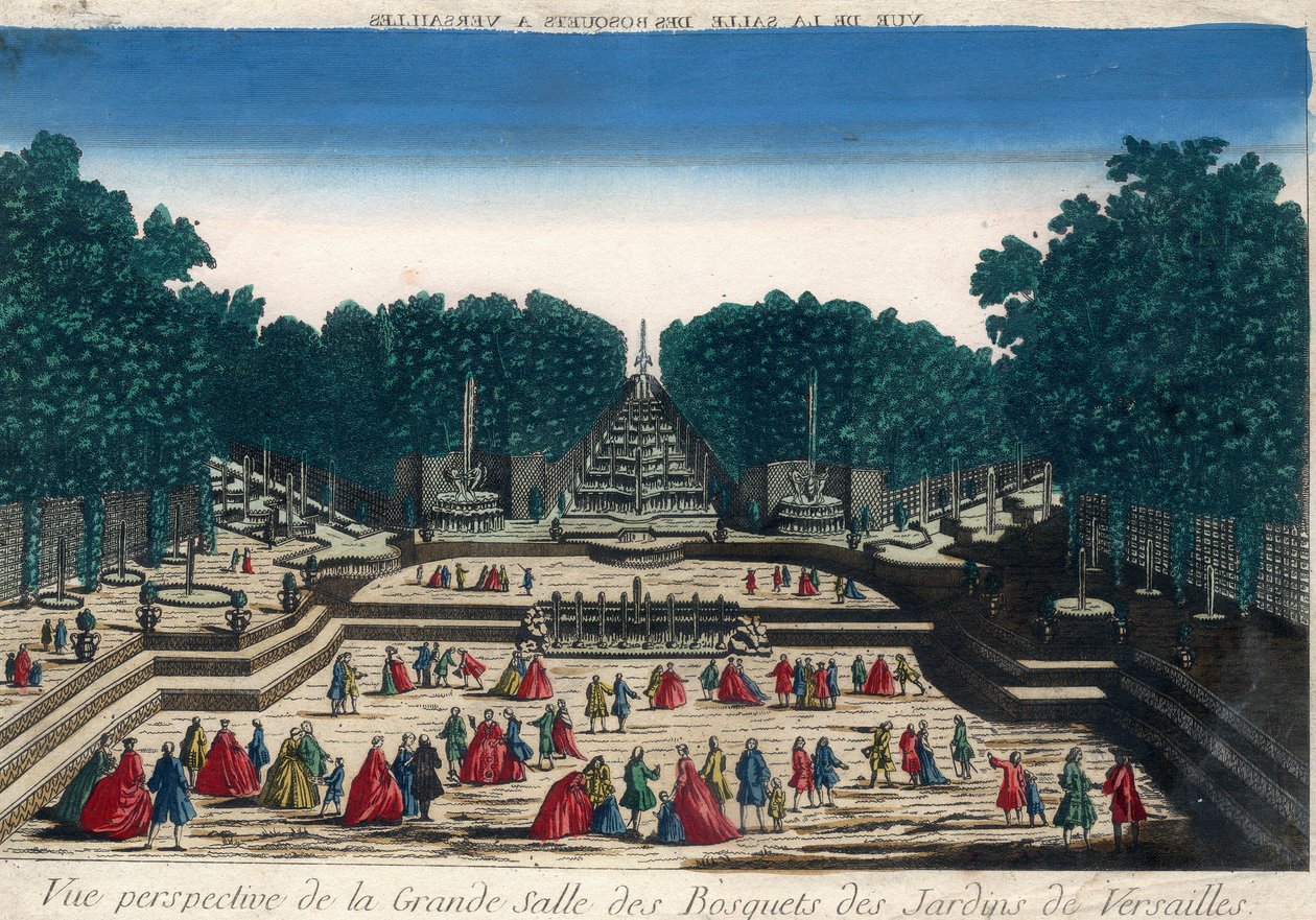 Vue optique : Vue en perspective de la grande salle des bosquets des jardins de Versailles. Gravure du XVIIIe siècle. - French School