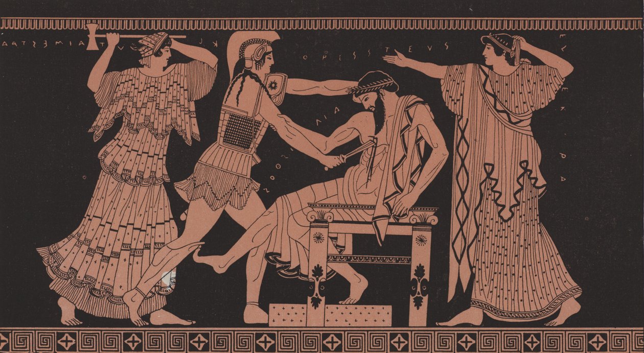 Oreste tuant Aegisthus (lithographie couleur) - French School