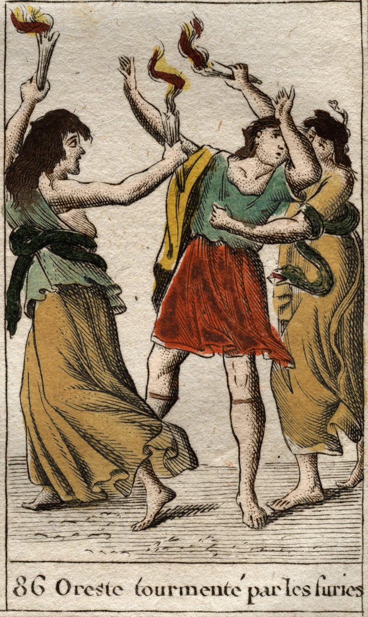 Oreste poursuivi par les Érinyes (ou Furies) pour venger la mort de son père Agamemnon en tuant sa mère Clytemnestre. De « Mythologie de la jeunesse » par Pierre Blanchard 1803. - French School