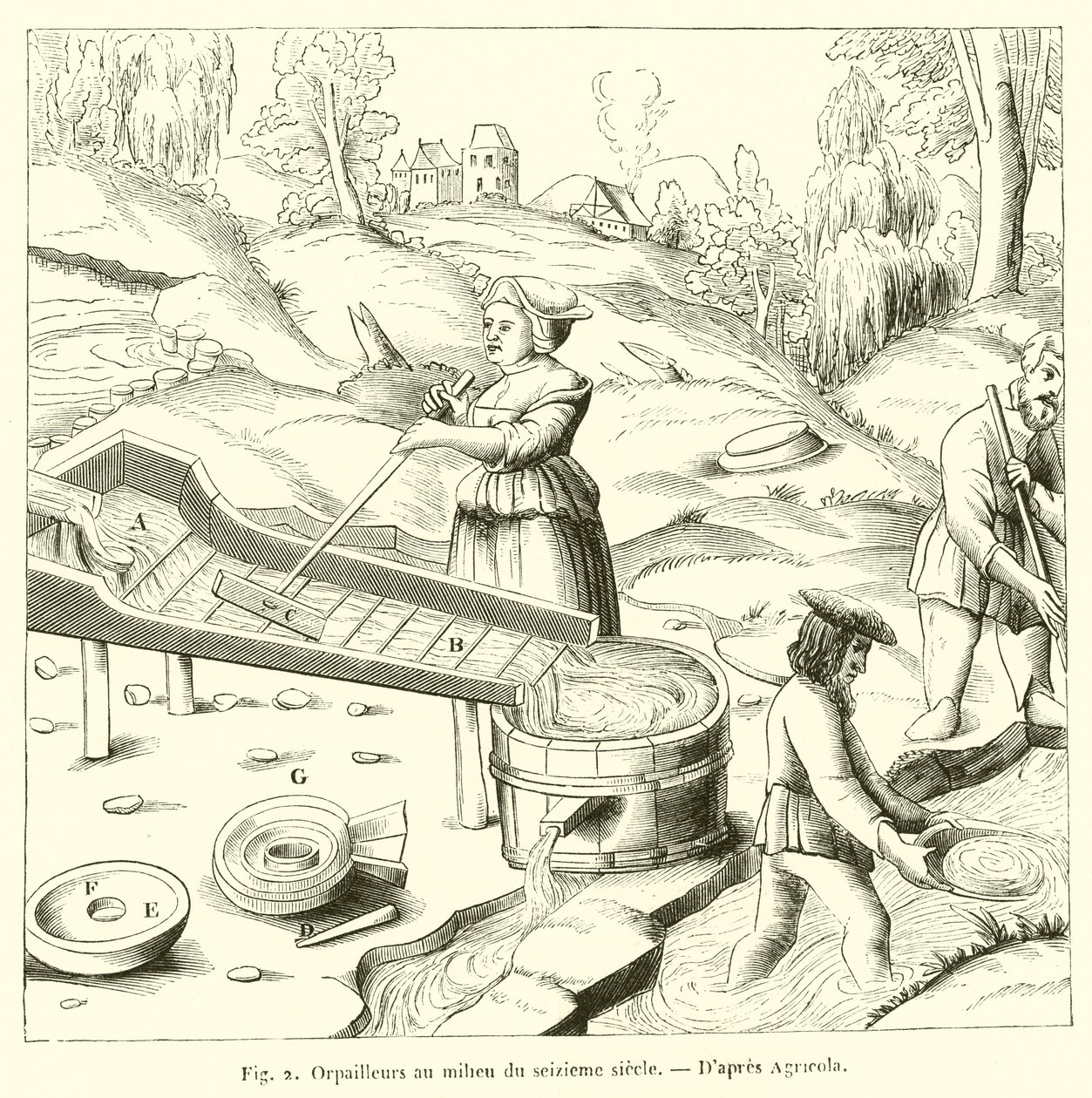Orpailleurs au milieu du seizieme siecle (engraving) - French School