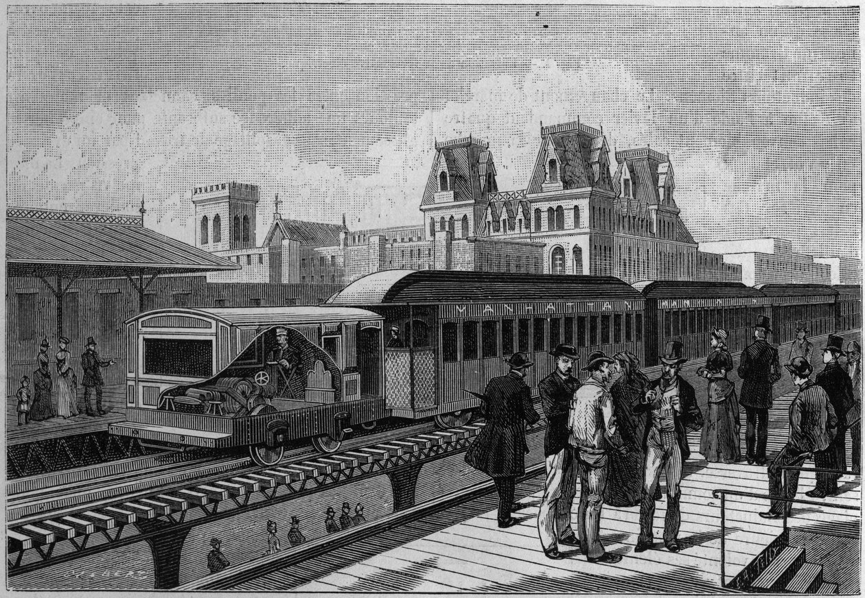 Aperçu de la gare du chemin de fer surélevé et du train électrique à New York, USA. Gravure dans « La Nature. Revue des sciences et de ses applications aux arts et à l