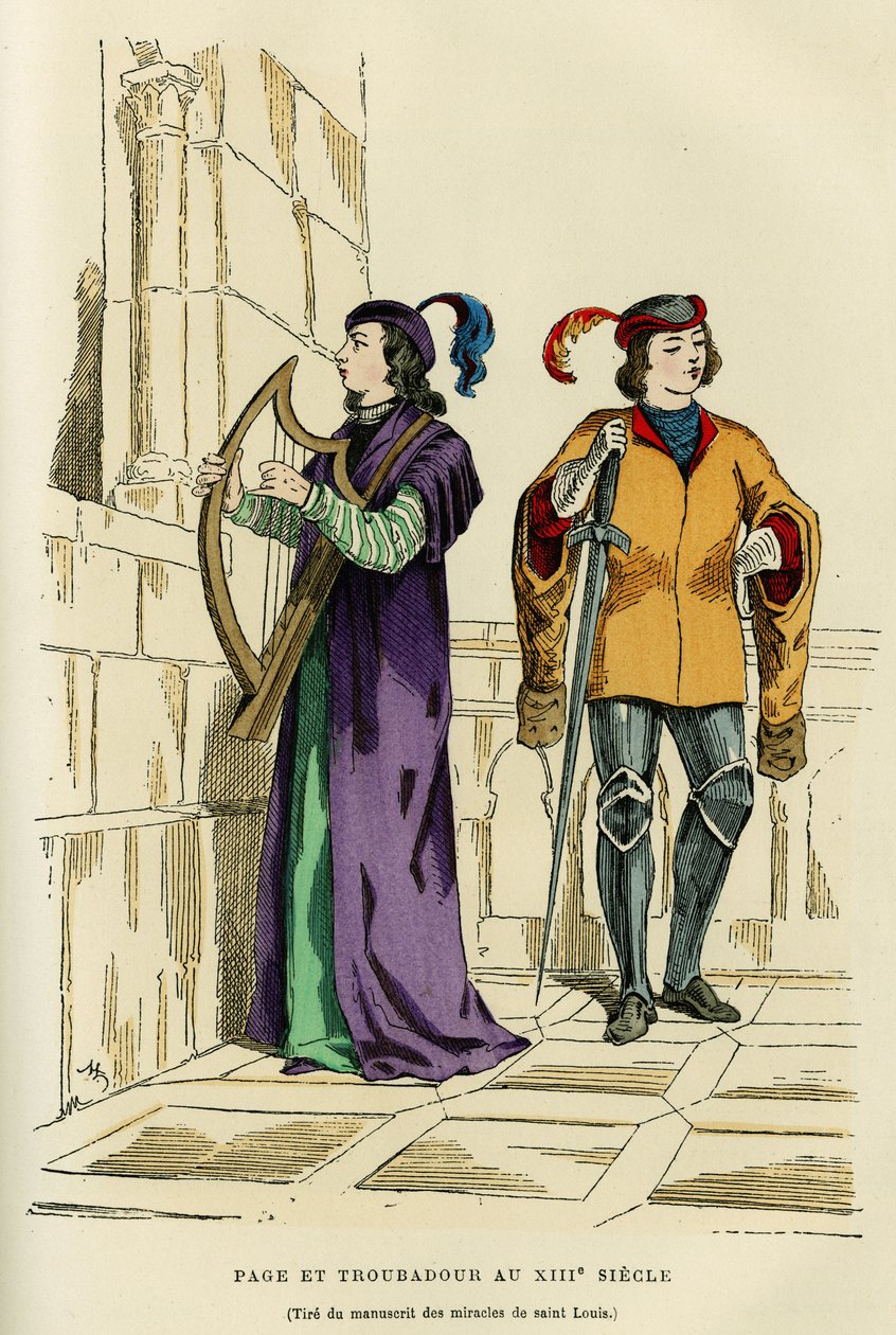 Costumes de page et troubadour au XIIIe siècle. Gravure en couleurs d