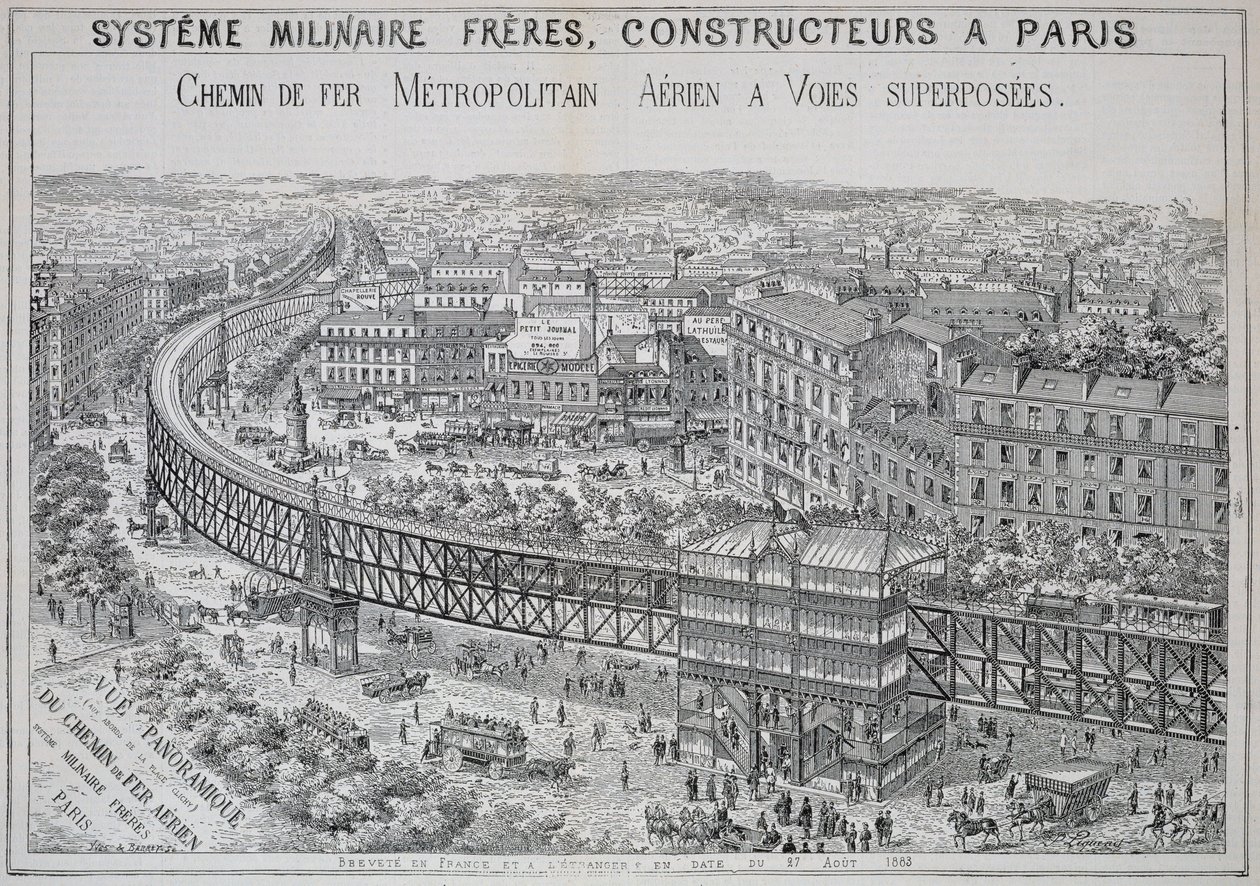 Vue panoramique du métro aérien à Paris, illustration de Le Métropolitain, mai 1885 - French School