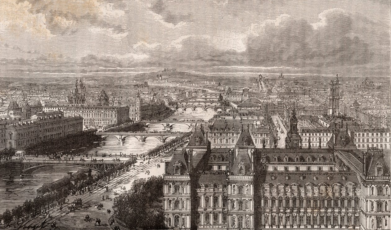 Paris - la Seine - les Ponts - vue prise de la tour Saint-Gervais - gravure dans «La France illustrée: géographie, histoire, administration statistique» par V.-A. Malt-Brown. 1884 - French School