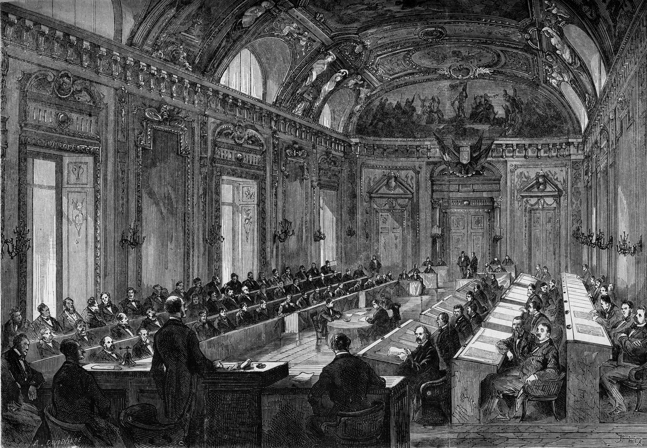 Paris, 4 août 1871 : première réunion du conseil municipal dans la salle du Trône du Palais du Luxembourg. Gravure dans "Le Monde Illustré" n°748 du 12 août 1871 - French School