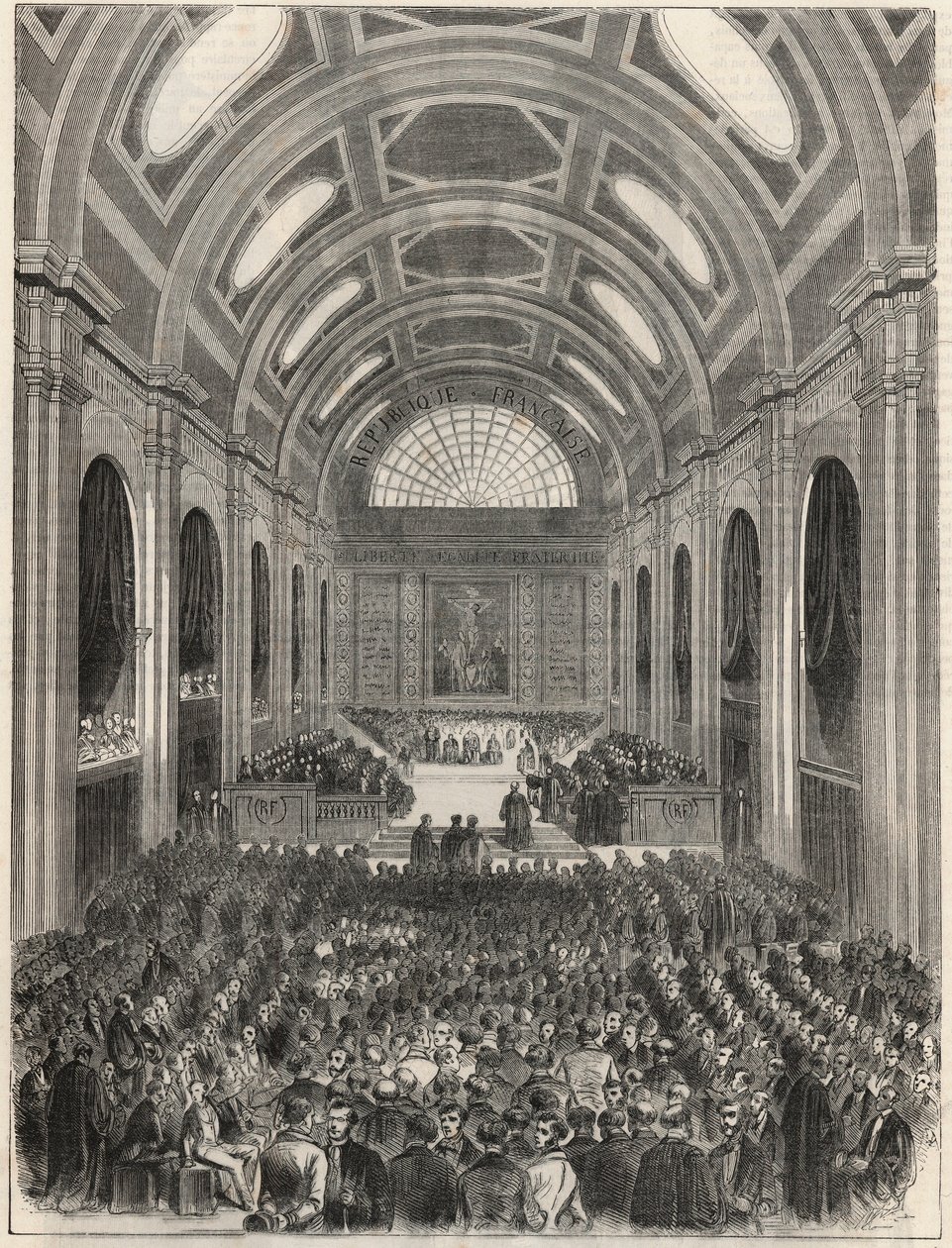 Paris, Palais de Justice - La salle des pas perdus pendant une cérémonie officielle - Gravure dans « Tableau-de-Paris » par Edmond Texier 1852 - French School