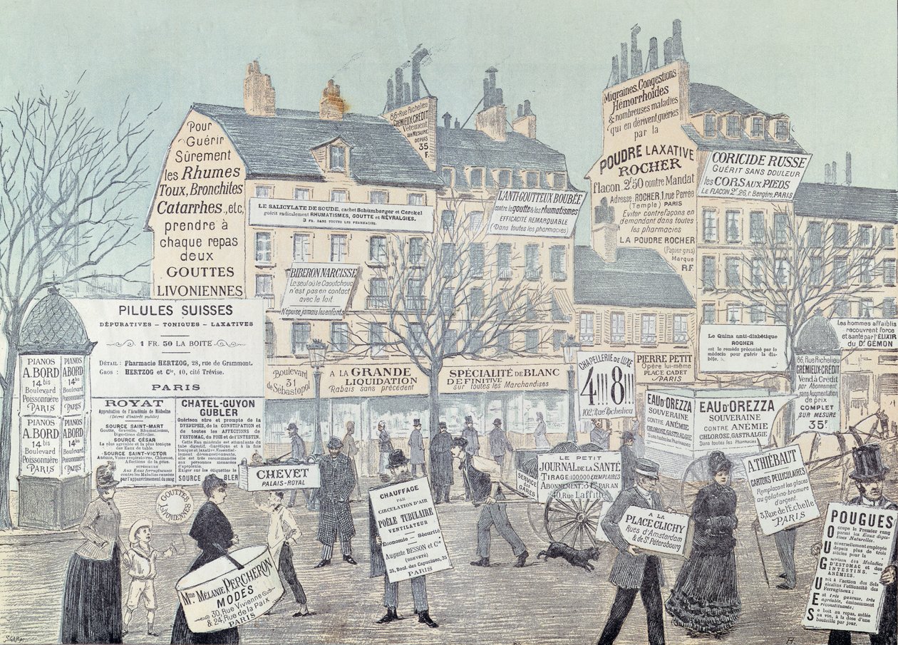 Scène de rue parisienne avec de nombreuses publicités, principalement pour des médicaments, 1885 (gravure en couleur) - French School