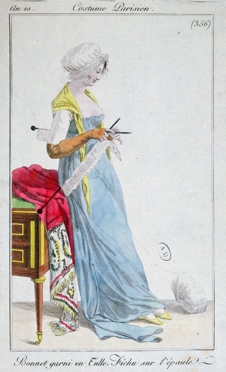 Costume parisien : bonnet orné de tulle, fichu sur les épaules, 1802 - French School