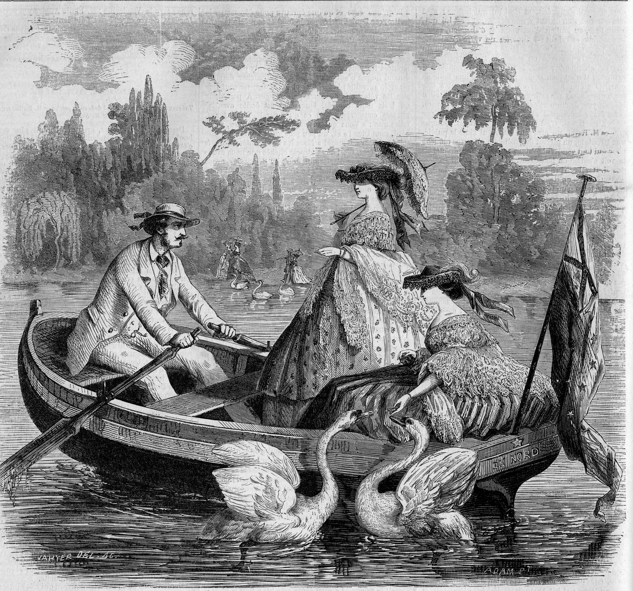 Modes parisiennes, été 1857 : promenade en bateau sur un lac. Gravure dans "Le Monde Illustré" n°24 du 26 septembre 1857. - French School