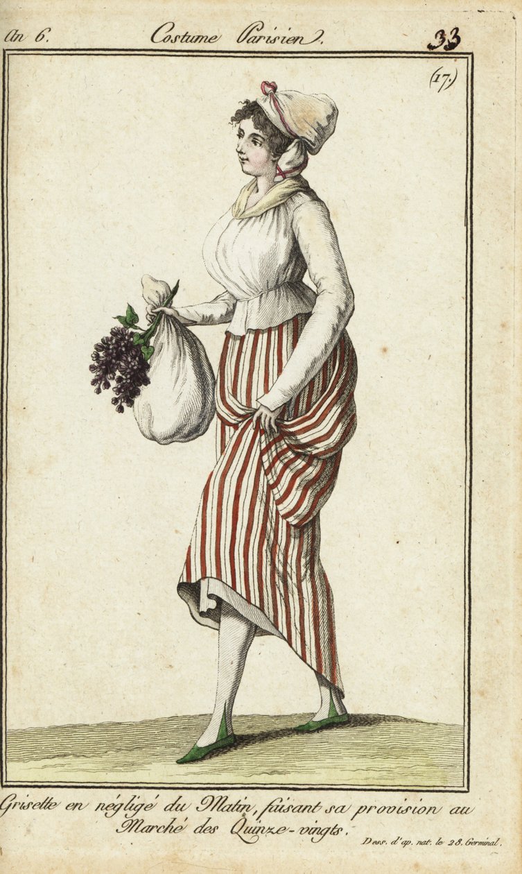Jeune fille parisienne en robe de matin décontractée, 26 mars 1798 (gravure sur cuivre coloriée à la main) - French School