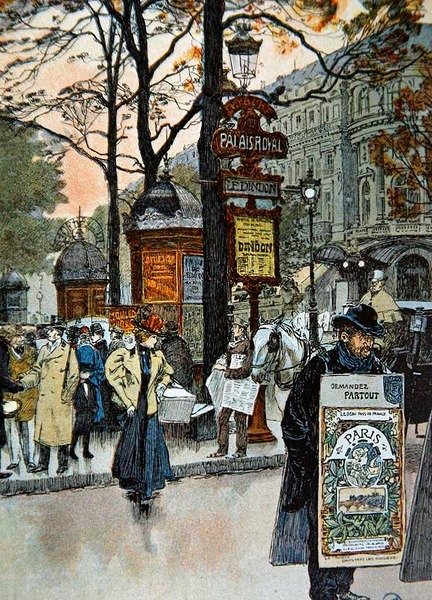 Scène de rue parisienne près de la station de métro Palais-Royal, c.1900 - French School