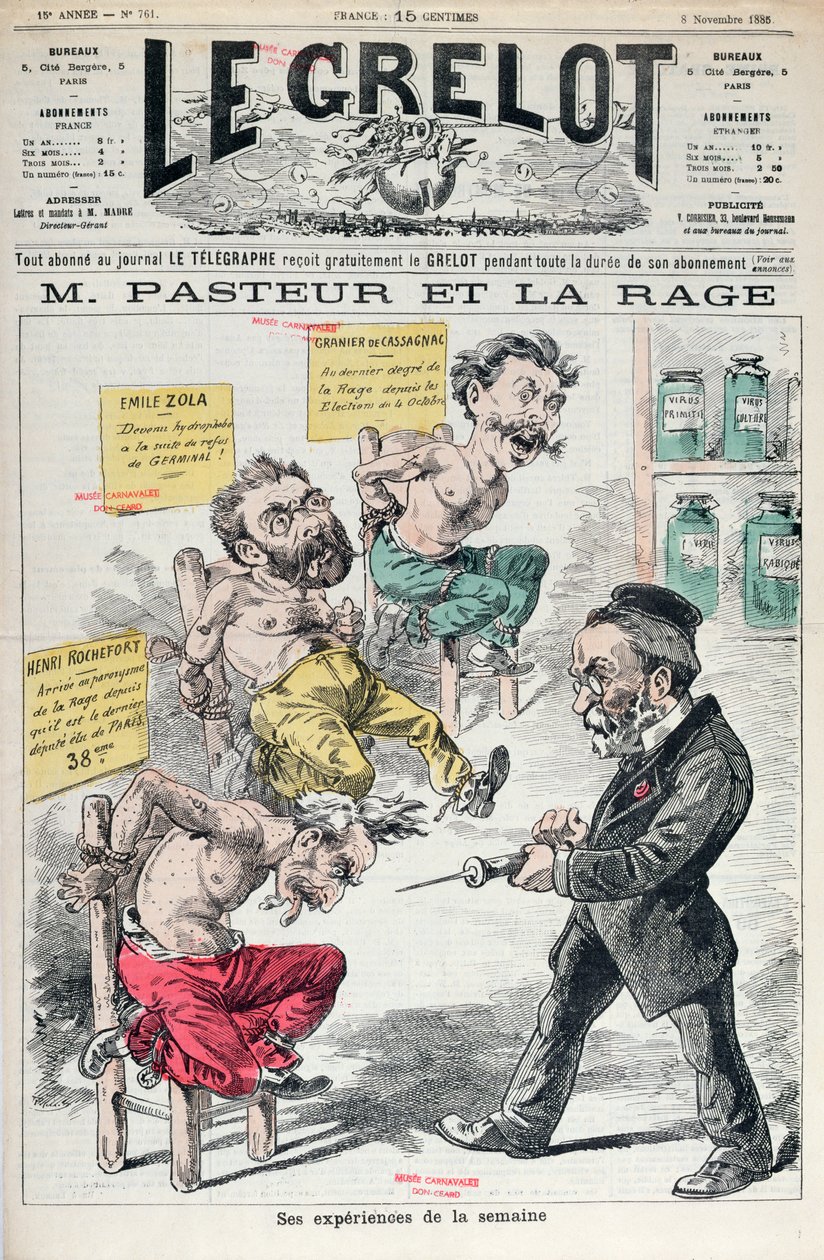Pasteur et la rage, caricature des expériences de Louis Pasteur de Le Grelot, 8 novembre 1885 - French School