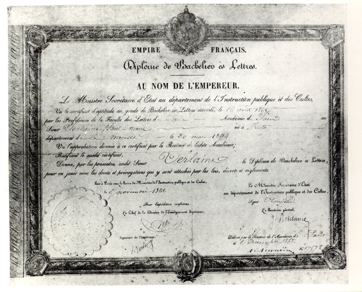 Baccalauréat de Paul Verlaine, 1862 (plume et encre sur papier) - French School