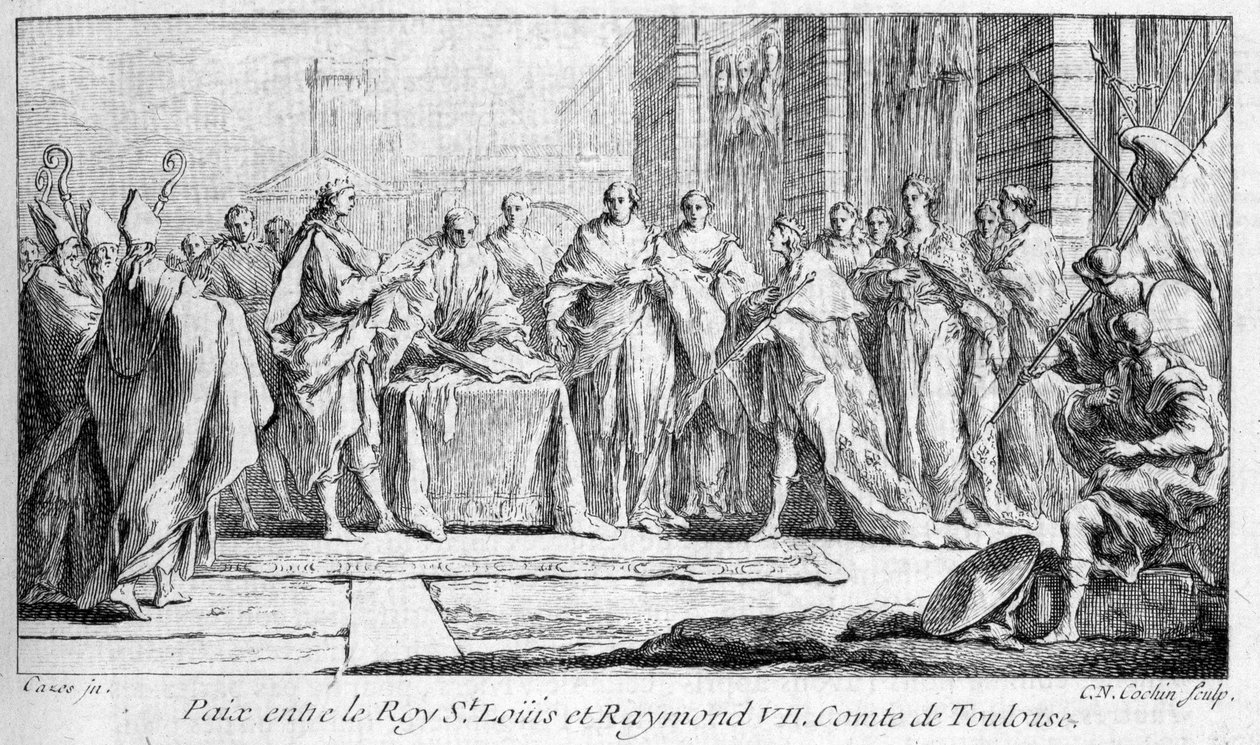 Paix entre Raymond VII et Saint Louis 1229 dans "Histoire générale de Languedoc" de Joseph Vaissete, Paris - French School